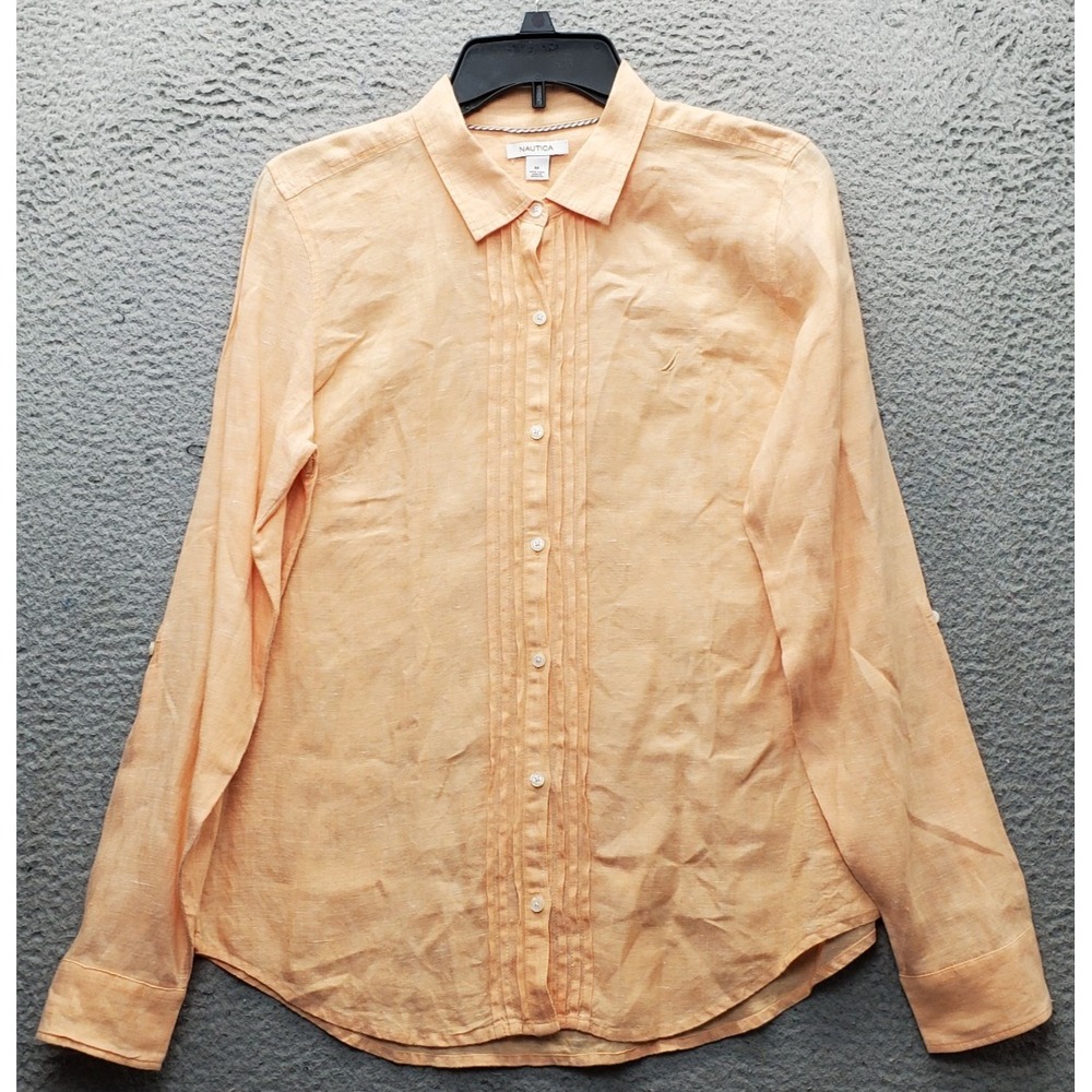 Nautica Shirt Women Medium Orange Linen Pintuck Embroidered Logo Roll Tab Sleeve